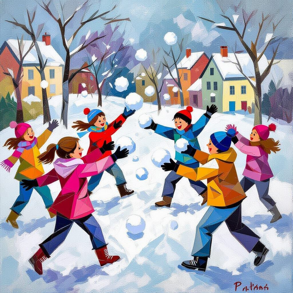 Cubist Snowball Fight Scene in Picasso Style