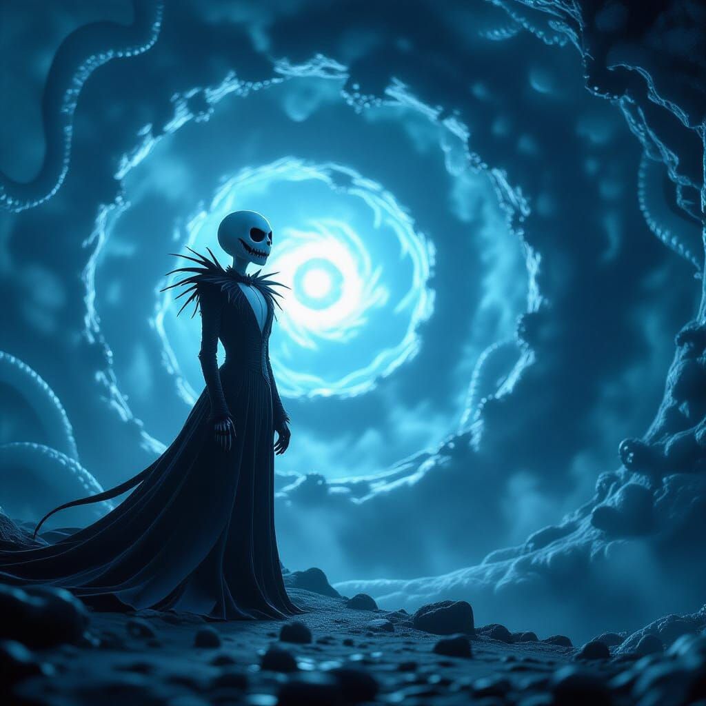 Jack Skellington at Cosmic Abyss Edge in Hyperrealistic Styl...