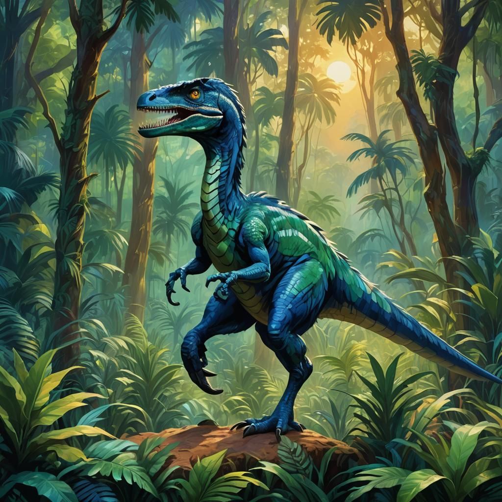 Blue Velociraptor in Jungle Clearing, Fauvist Oil Painting