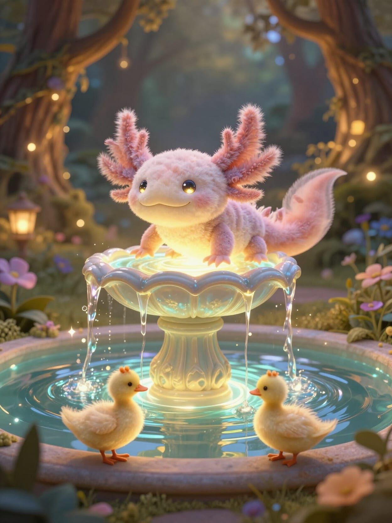 Whimsical Axolotl in Magical Forest with Liquid Light Founta...