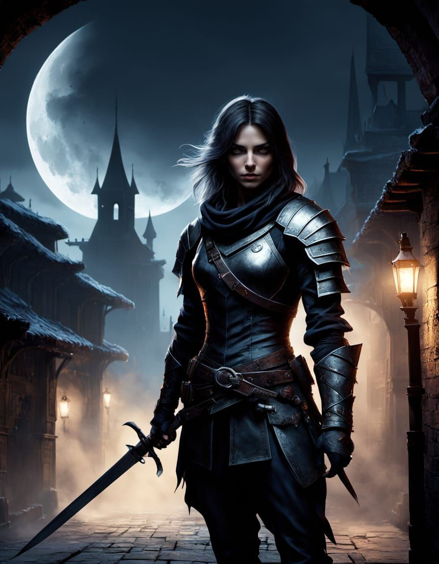 Female Assassin in Dark Alleyway with Enchanted Dagger