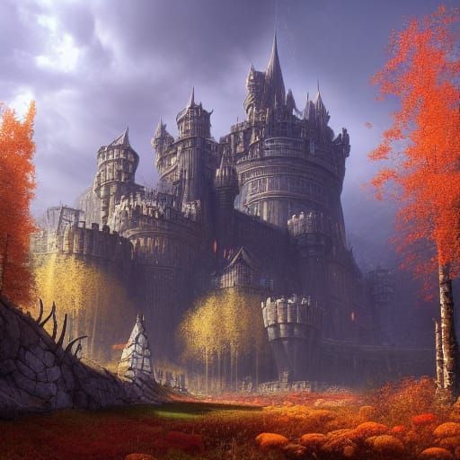 Fantasy Fortress Surrounded by Autumn Birch Trees
