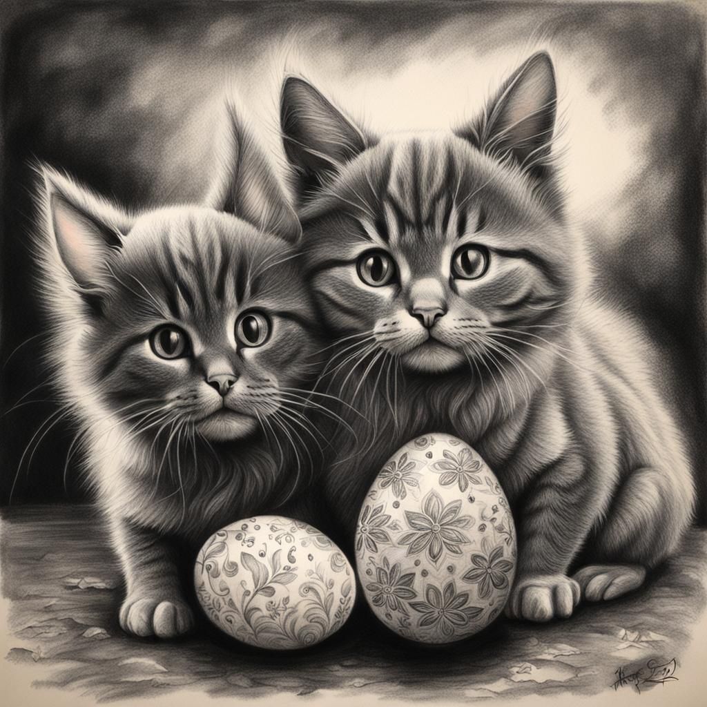 Hyperdetailed Charcoal Drawing of Easter Bunny Cats