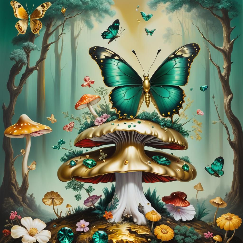 Emerald Butterfly on Golden Mushroom, Surreal Oil Painting