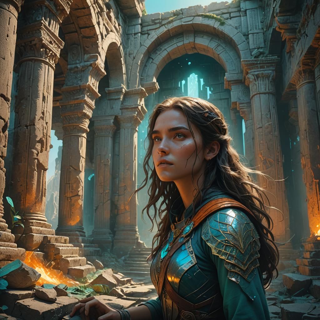 Mystical Ruins: Girl in Peril, High-Fantasy Art