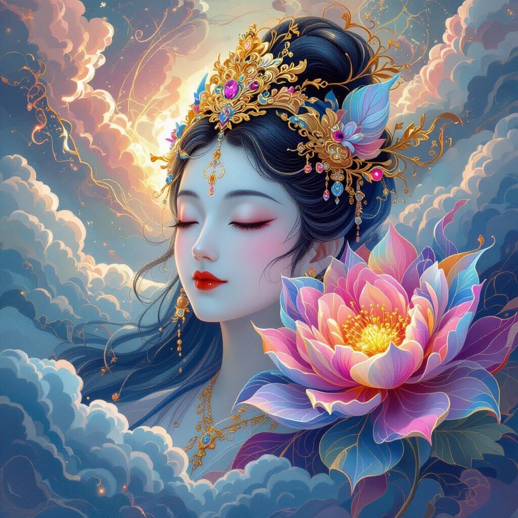 Blue-Faced Deity in Cosmic Clouds, Chinese Painting Style