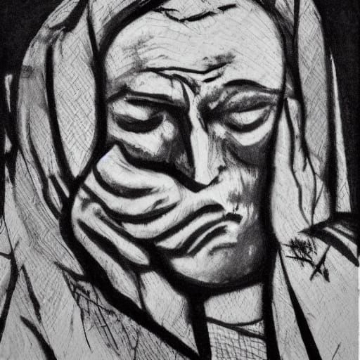 Grieving Mother and Child: An Expressionist Print