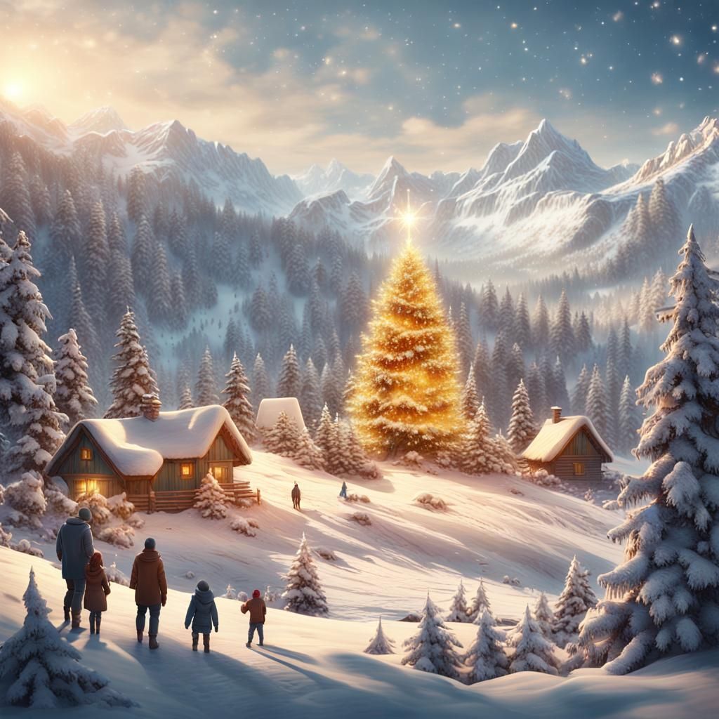 Family Christmas in Fantastical Winter Landscape