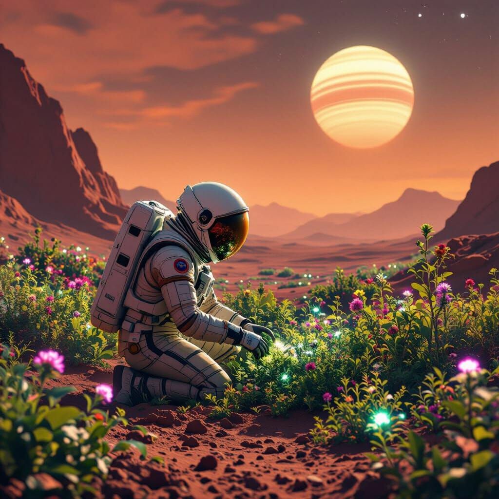 Astronaut's Bioluminescent Garden on Mars