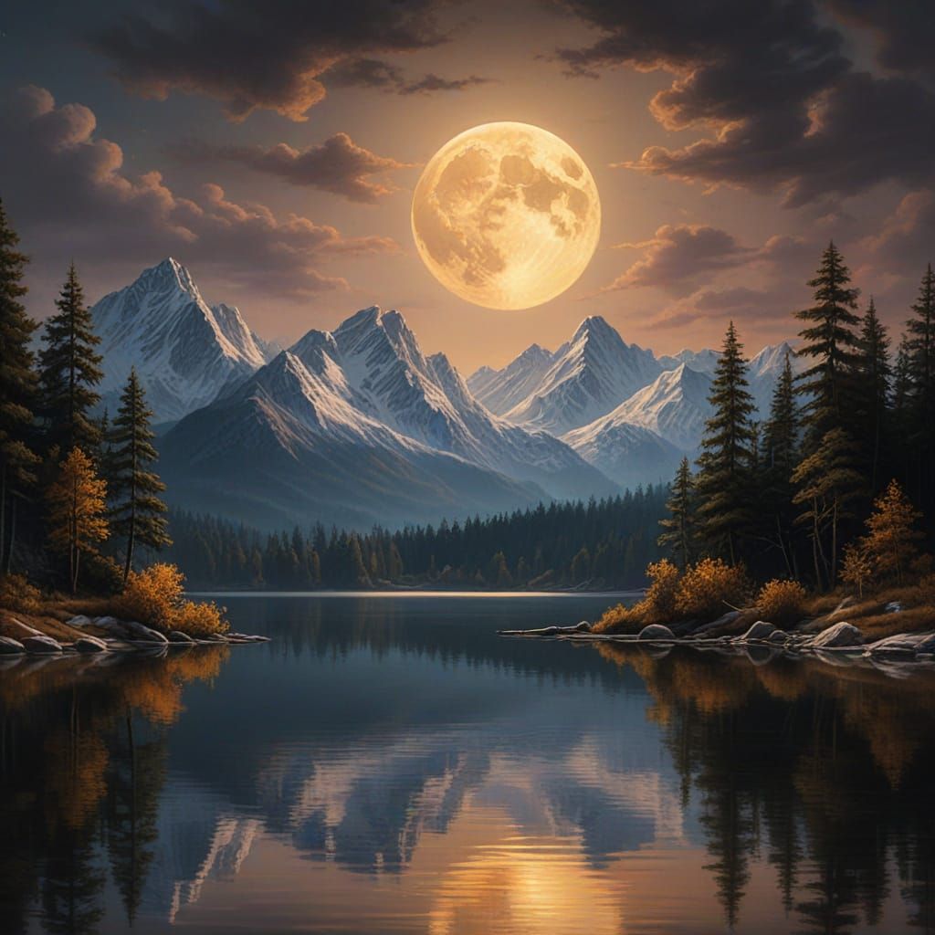 Moonlit Lake and Mountains in Rembrandt Style