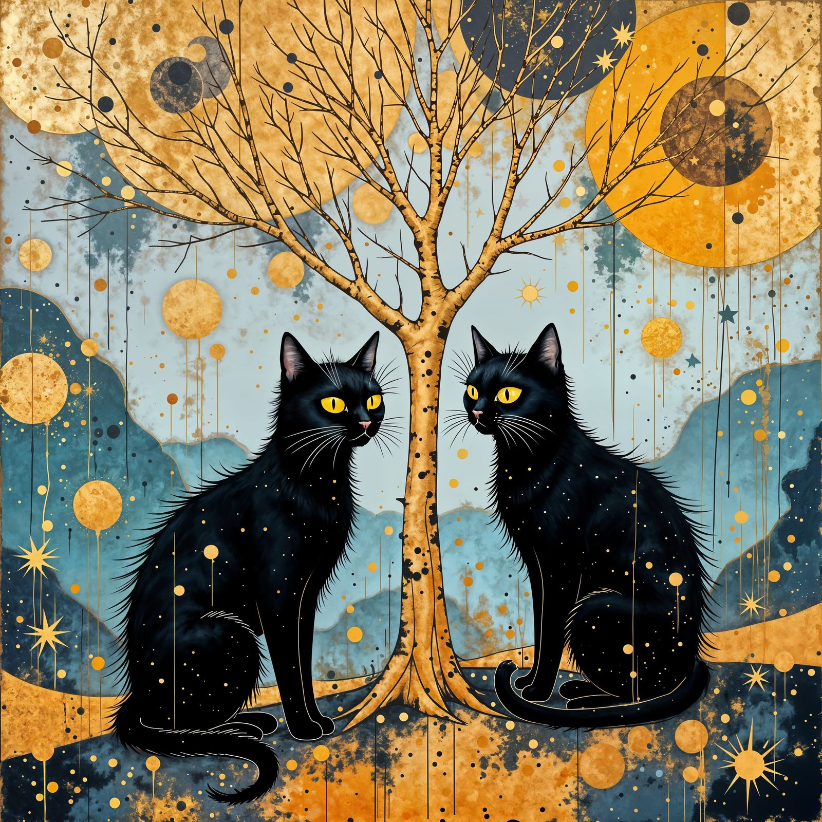 Two Black Cats in Abstract Geometric Forest