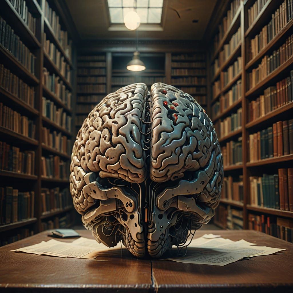 Surreal Portrait of a Dying Brain in a Library