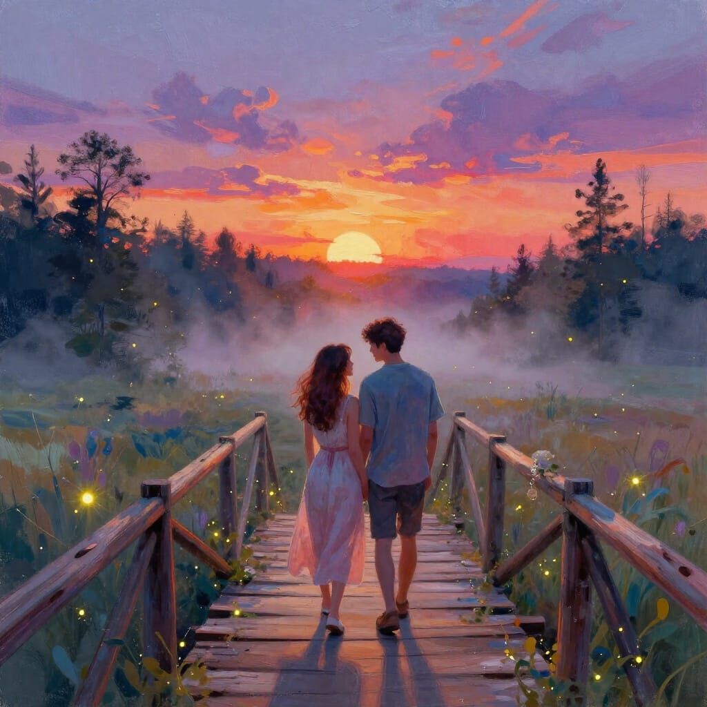 Lovers on Bridge at Sunset Splash Art