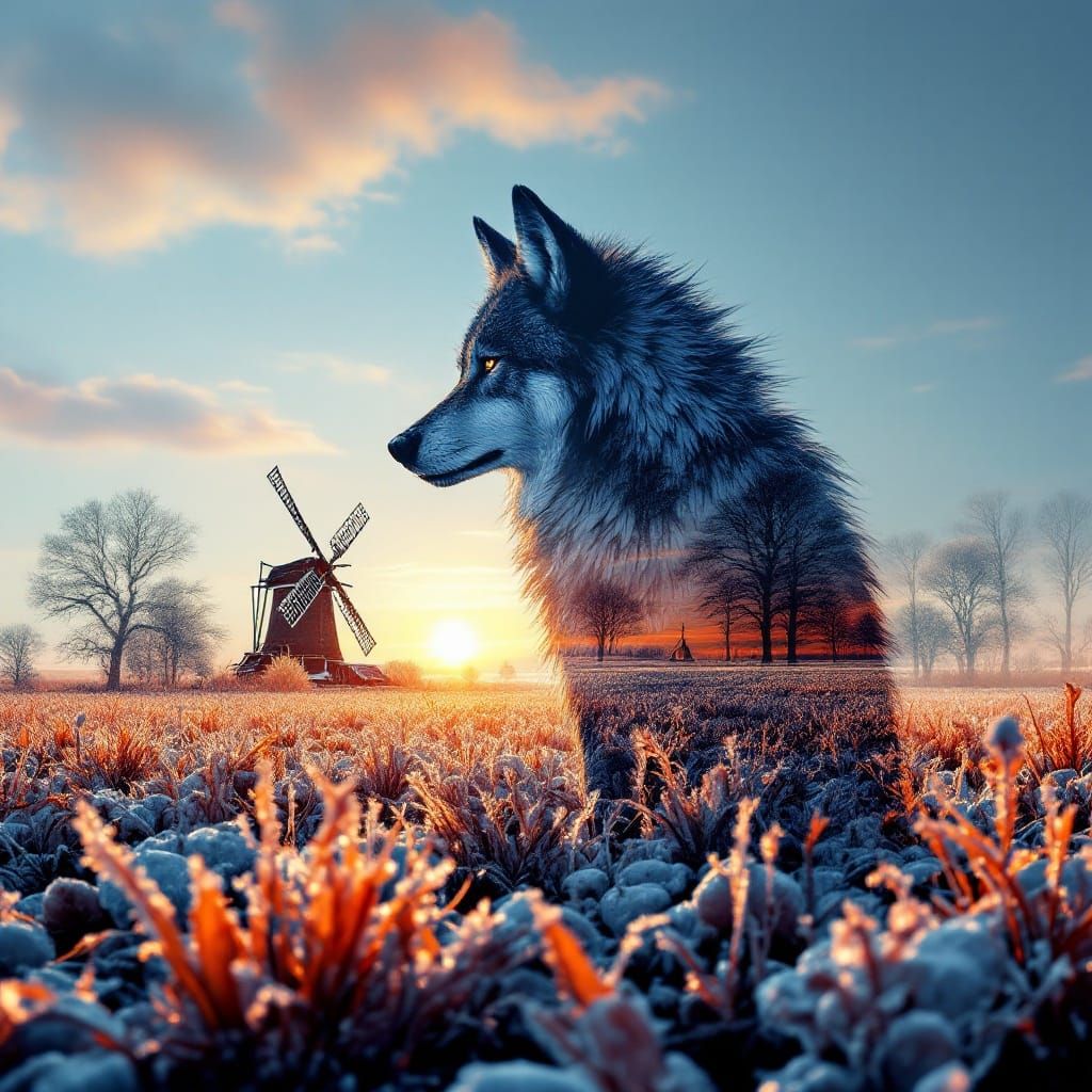 Wolf Silhouette Before a Dutch Windmill in a Frozen Turnip F...
