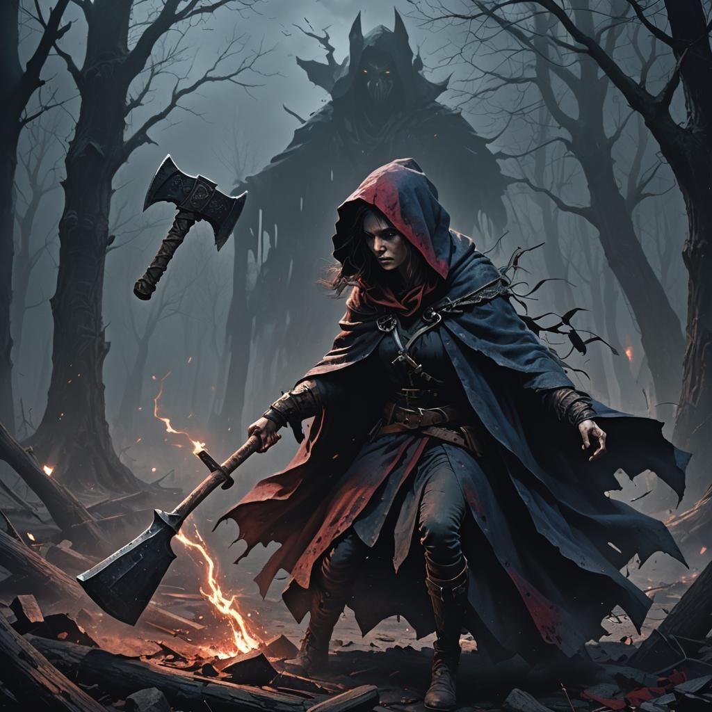 Eerie Dark Fantasy Woman Plays with Axe