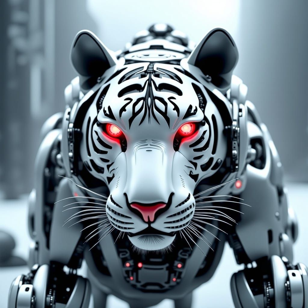 Cyborg Tiger Face in Cyberpunk Apocalyptic Snowscape