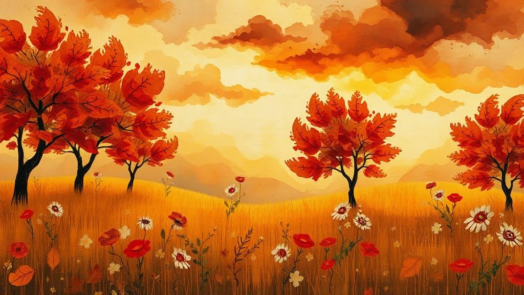 Autumn Meadow Torn Paper Collage Landscape