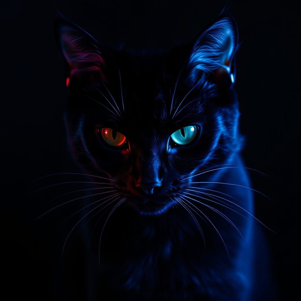 Sleek Black Cat Illuminated by Black Light