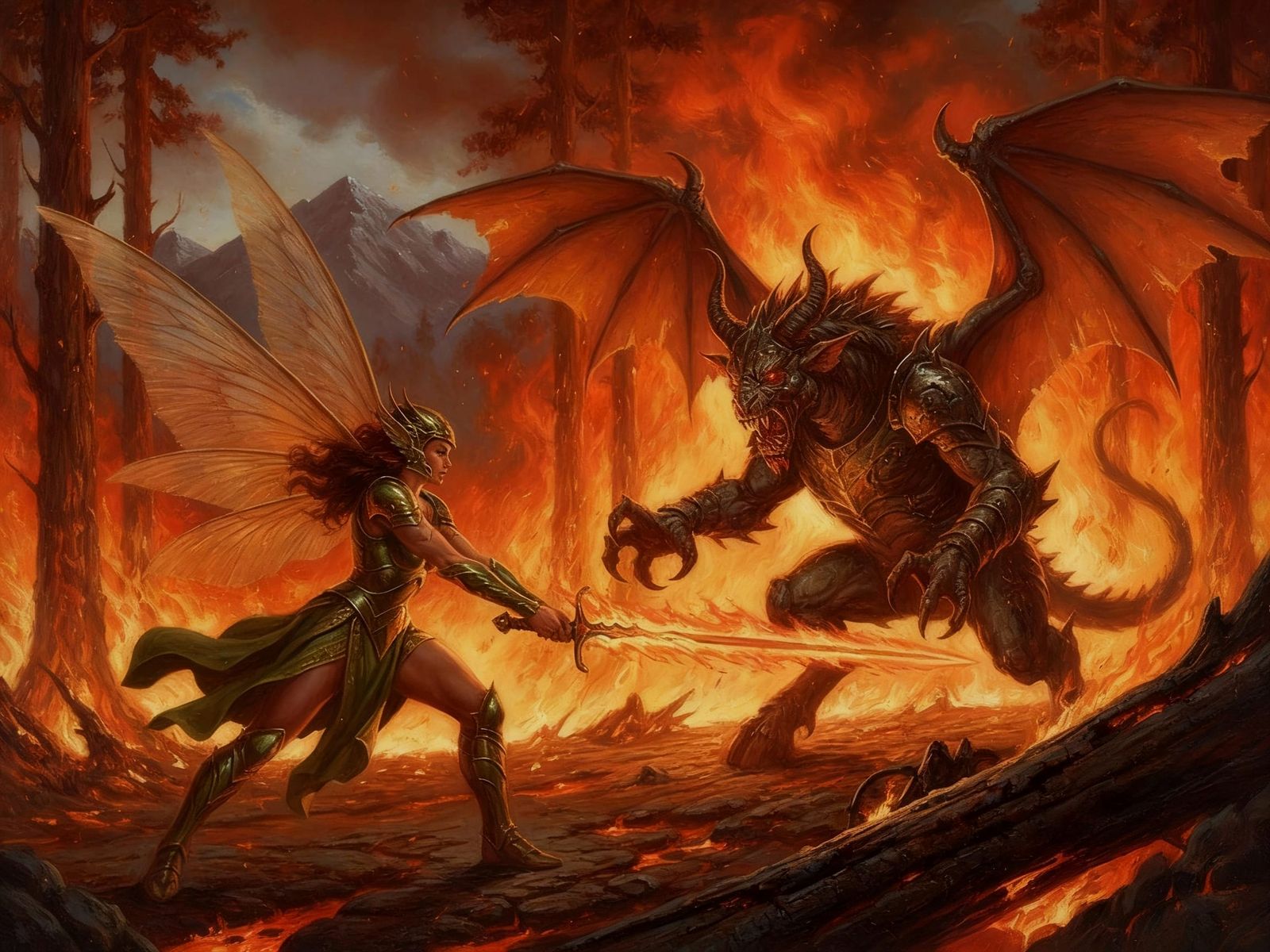 Fae Warrior Battles Fiery Foe in Fantasy Forest