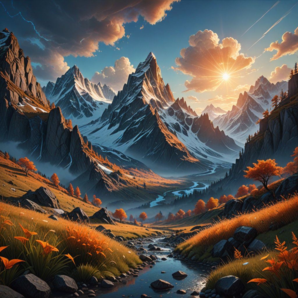 Majestic Mountains at Sunrise, in a Grzegorz Rutkowski Aesth...