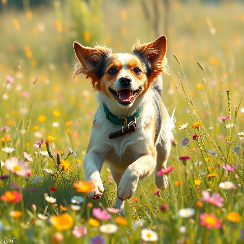 Dog Running in Meadow: Impressionist Digital Art