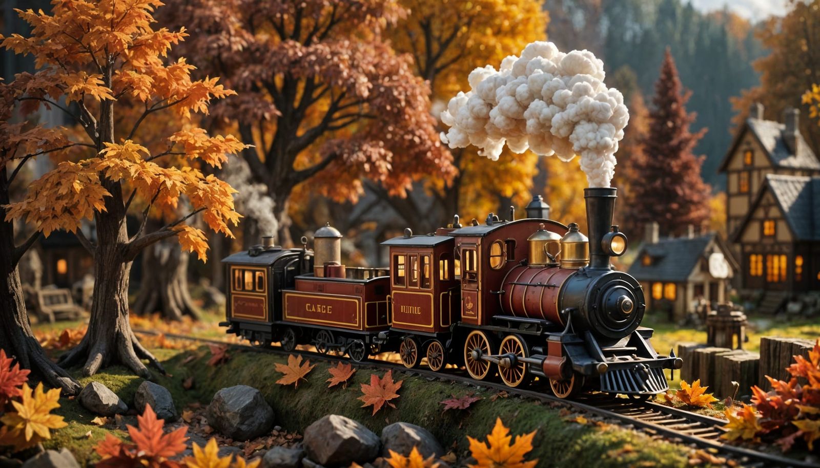 Whimsical Autumn Village Inside Teacup with Miniature Train
