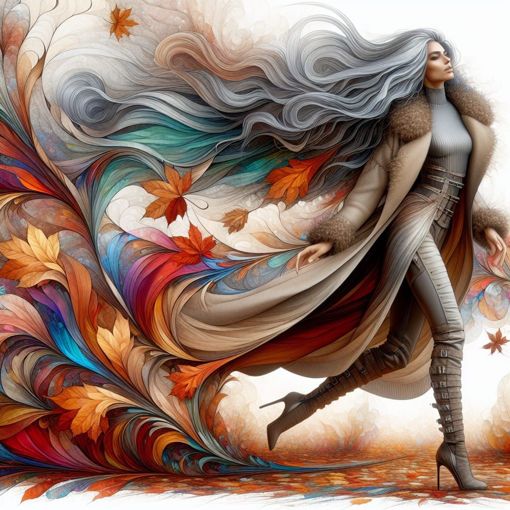 Autumnal Woman Kicking Leaves: Watercolor Fantasy Art