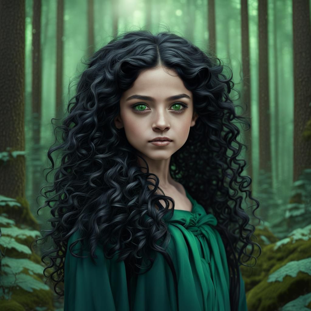 Beautiful Girl with Green Eyes in Forest, Fantasy Art