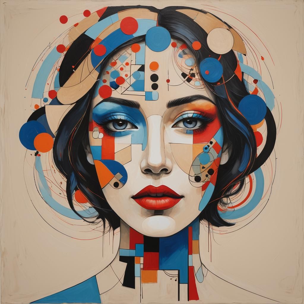 Minimalist abstract art representation of a female face. The face is overlaid with various geometric shapes, primarily c...