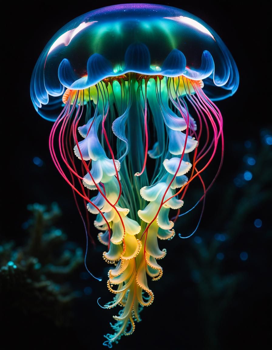 Bioluminescent Portuguese Man o' War in Pointillism Style