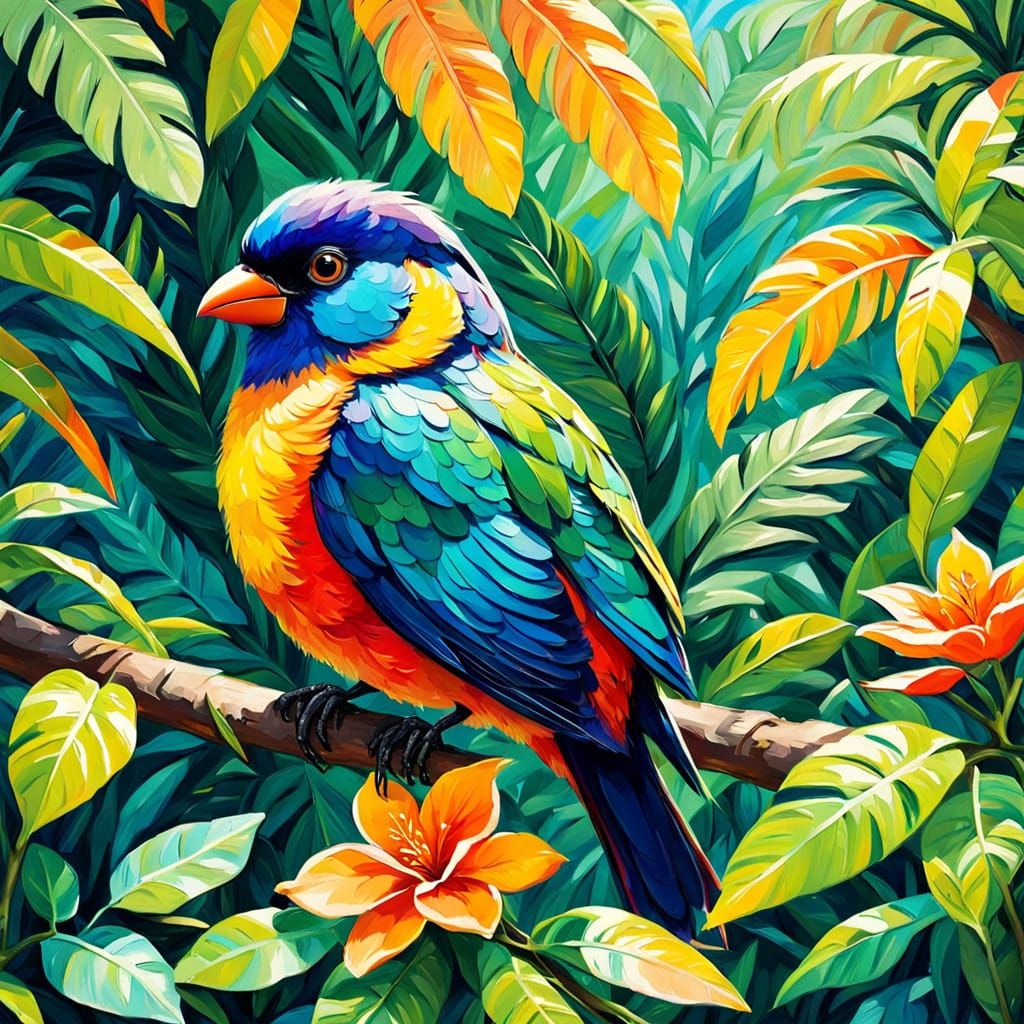 Vibrant Tropical Bird in Impasto Oil Painting