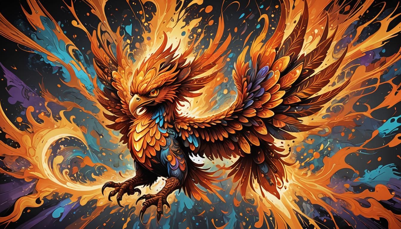 Demonic Baby Phoenix with Fiery Sparks in Graffiti Art