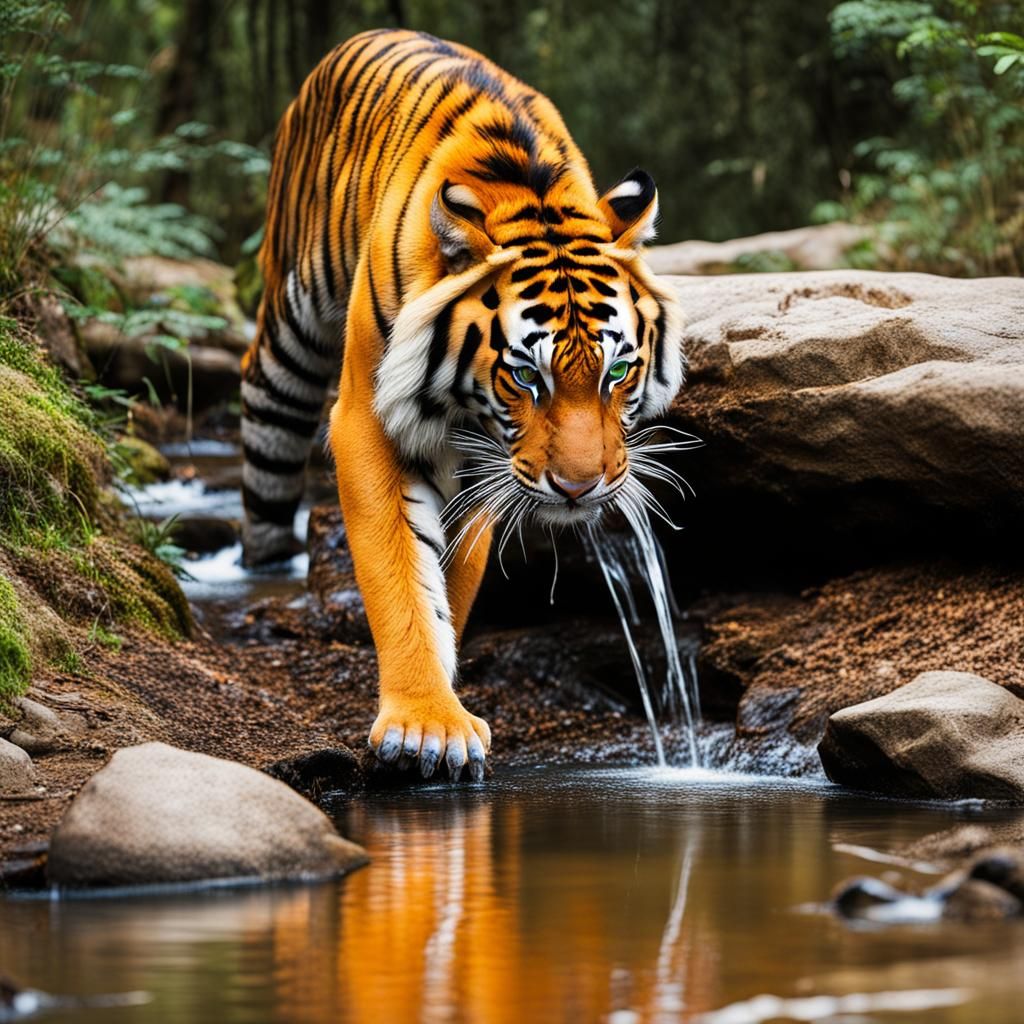 Orange Tiger Drinks in Forest Stream