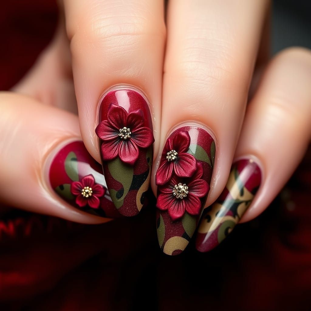Burgundy Nail Art with 3D Floral Camouflage