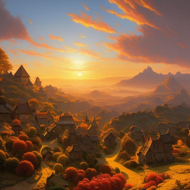 Vivid Sunset Village on Hill in Detailed Digital Painting