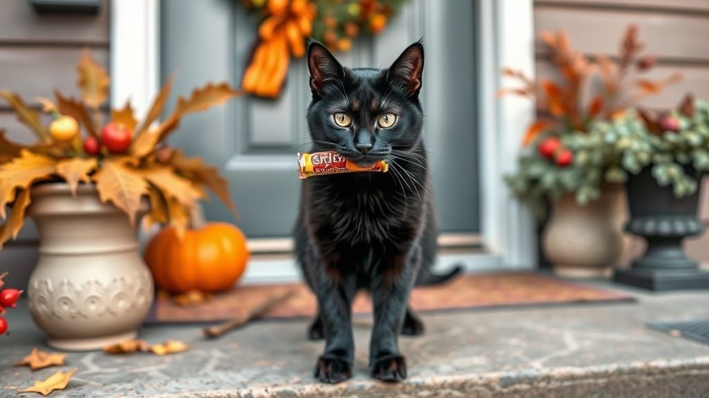 Mischievous Black Cat with Candy on Fall Porch