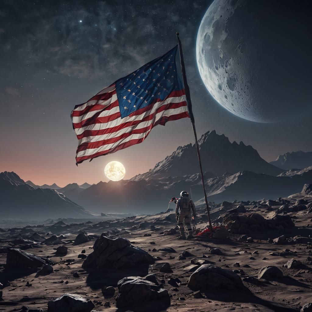 American Flag on Moon at Sunrise
