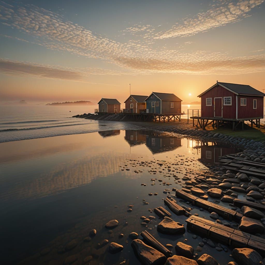 Shimmering Sunrise Over Foggy Sea & Fishing Sheds