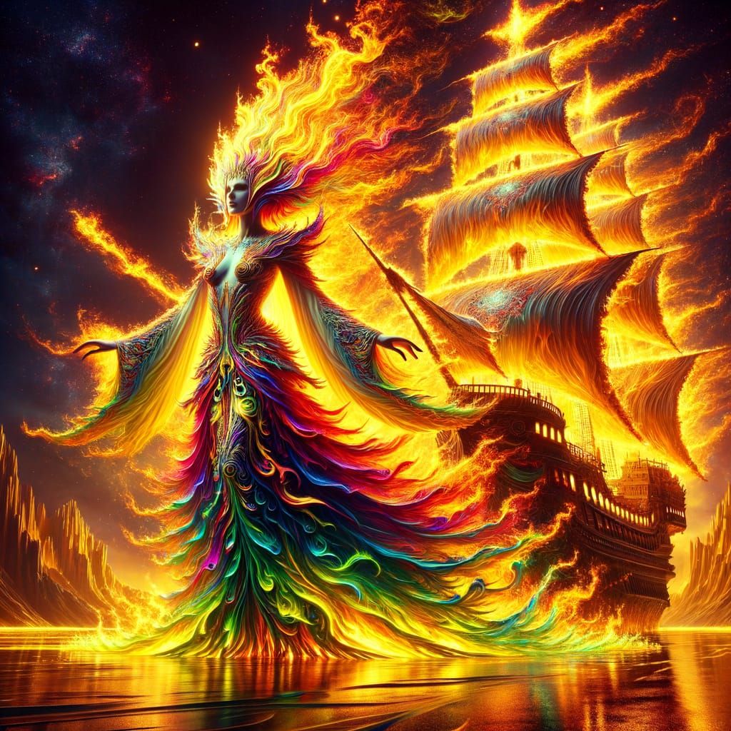 Ethereal Fire Empress Rides a Blazing Vessel Across a Golden...