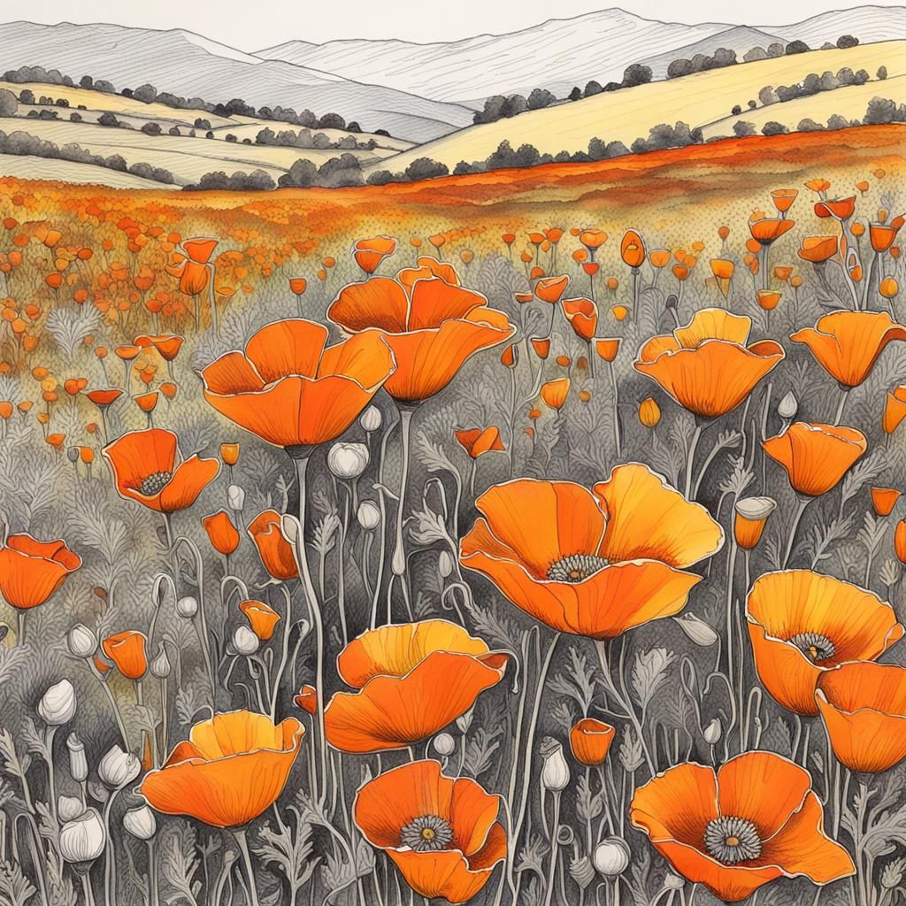 Detailed Ink Drawing of California Poppy Field