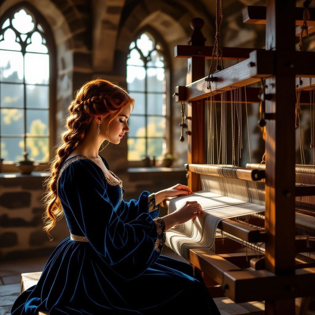 Medieval Lady Weaving in Sunlit Castle Chamber