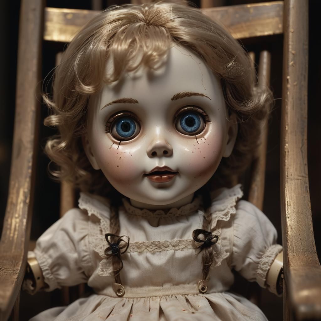 Creepy Porcelain Doll in a Rocking Chair