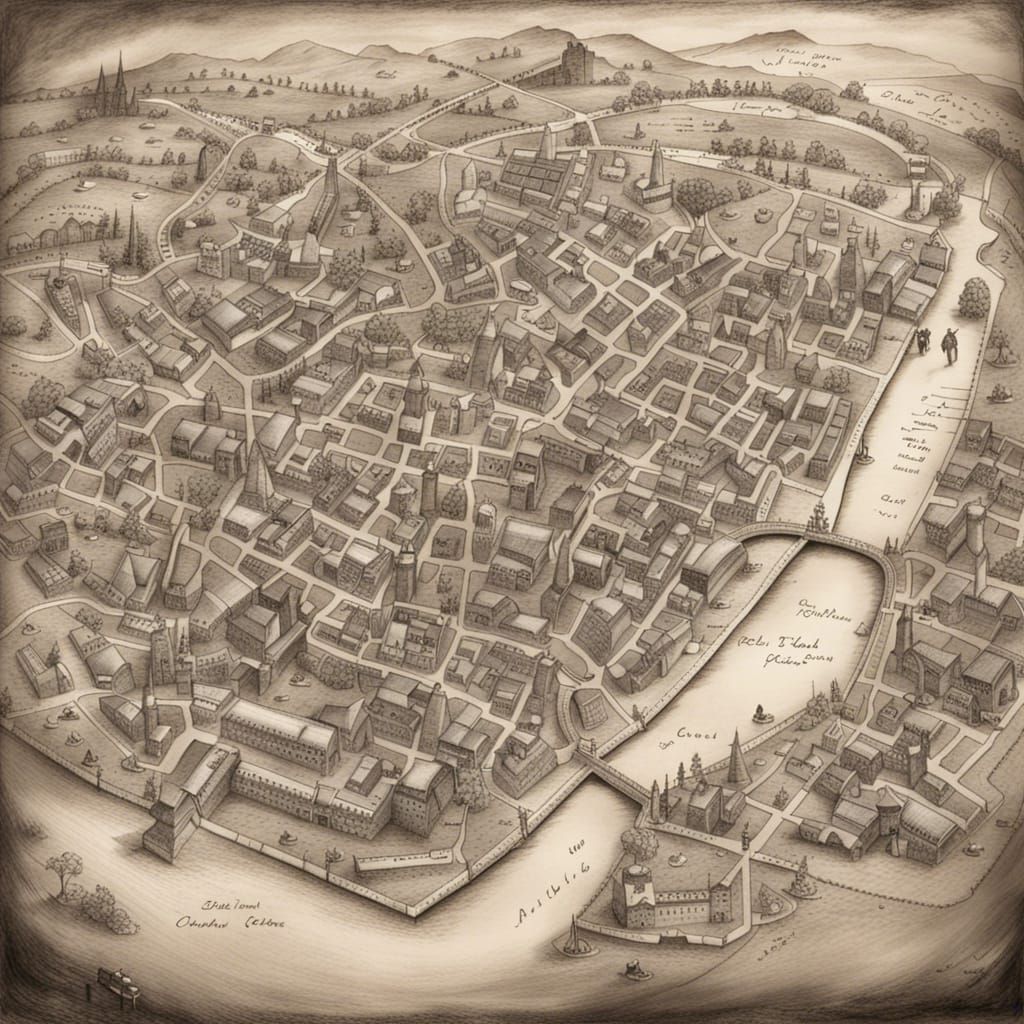 Detailed Charcoal Drawing of a Vintage British Town Map