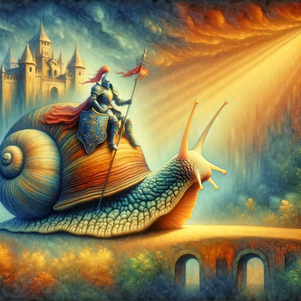 Knight Rides Giant Snail Fortress in Painterly Style