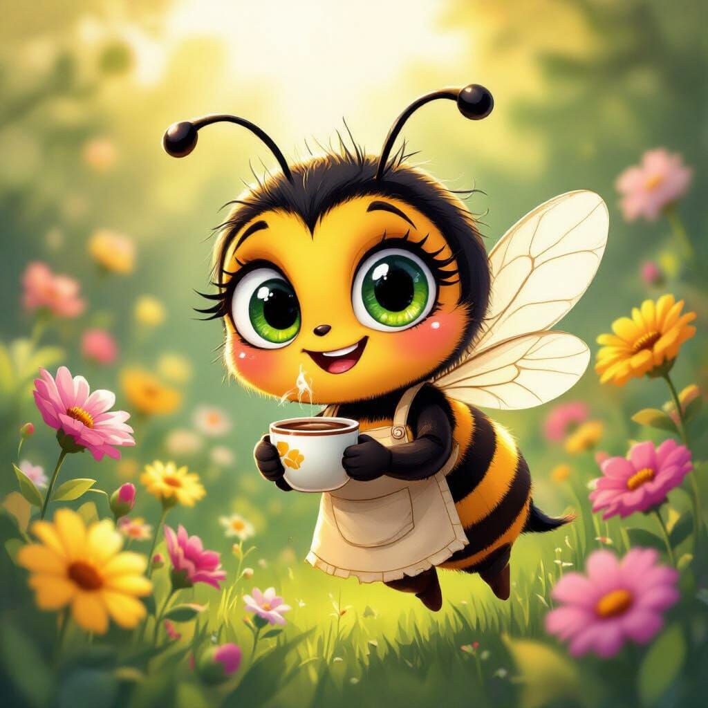 Cartoon Bee Enjoying Coffee in a Vibrant Garden
