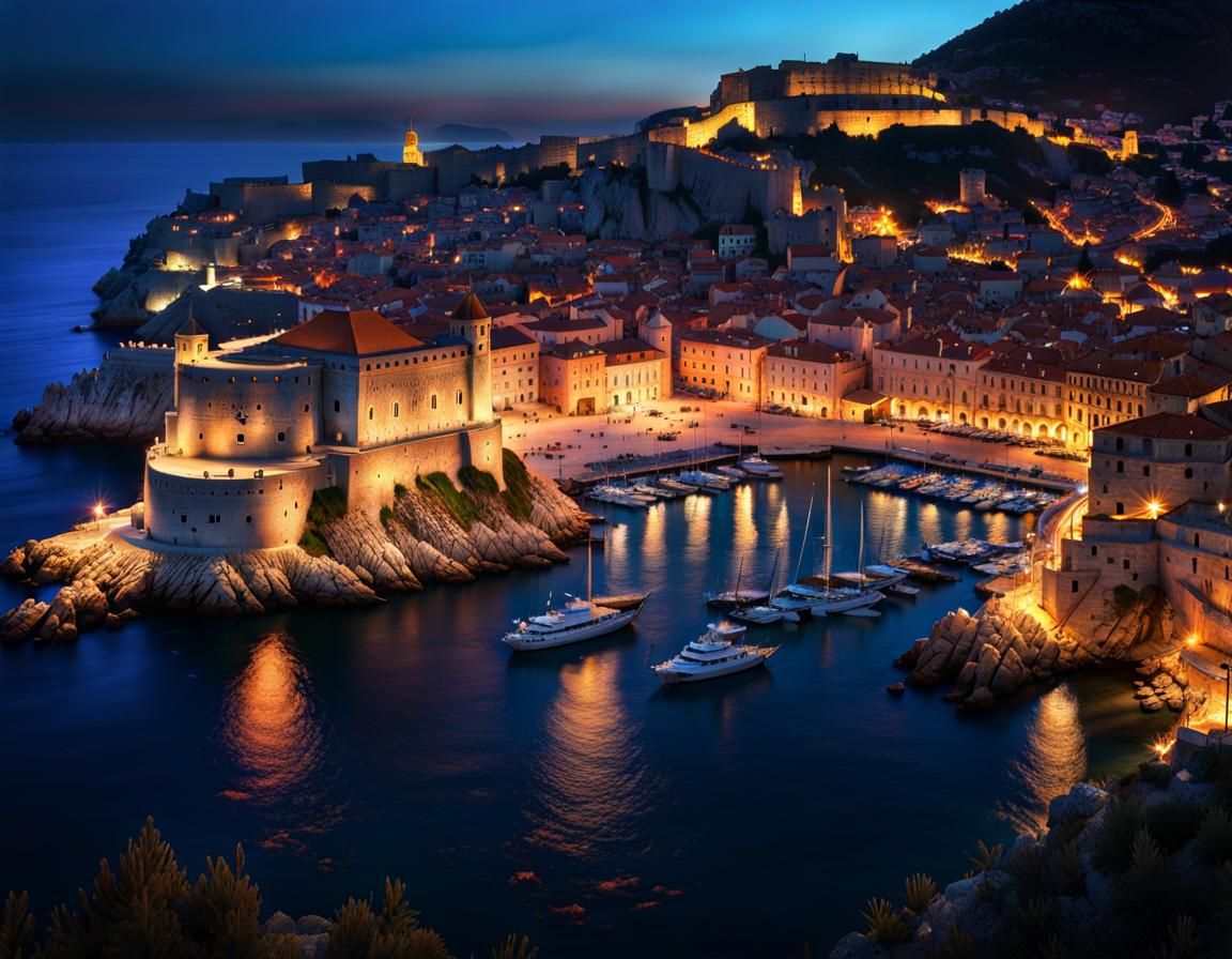Dubrovnik Coastline at Blue Hour: Hyperdetailed Concept Art