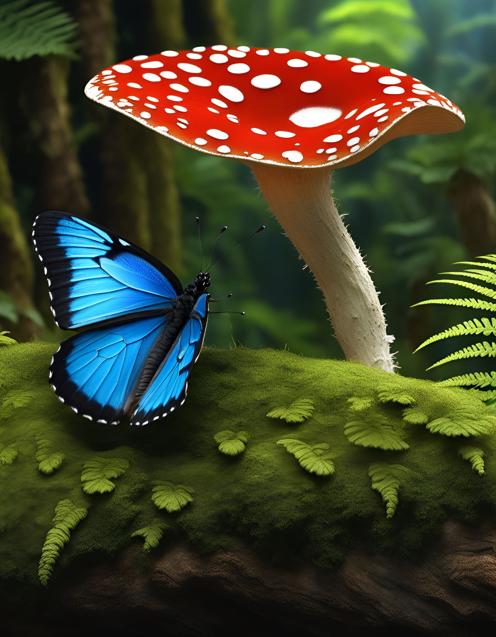 Ulysses Butterfly on Amanita Mushroom in Rainforest