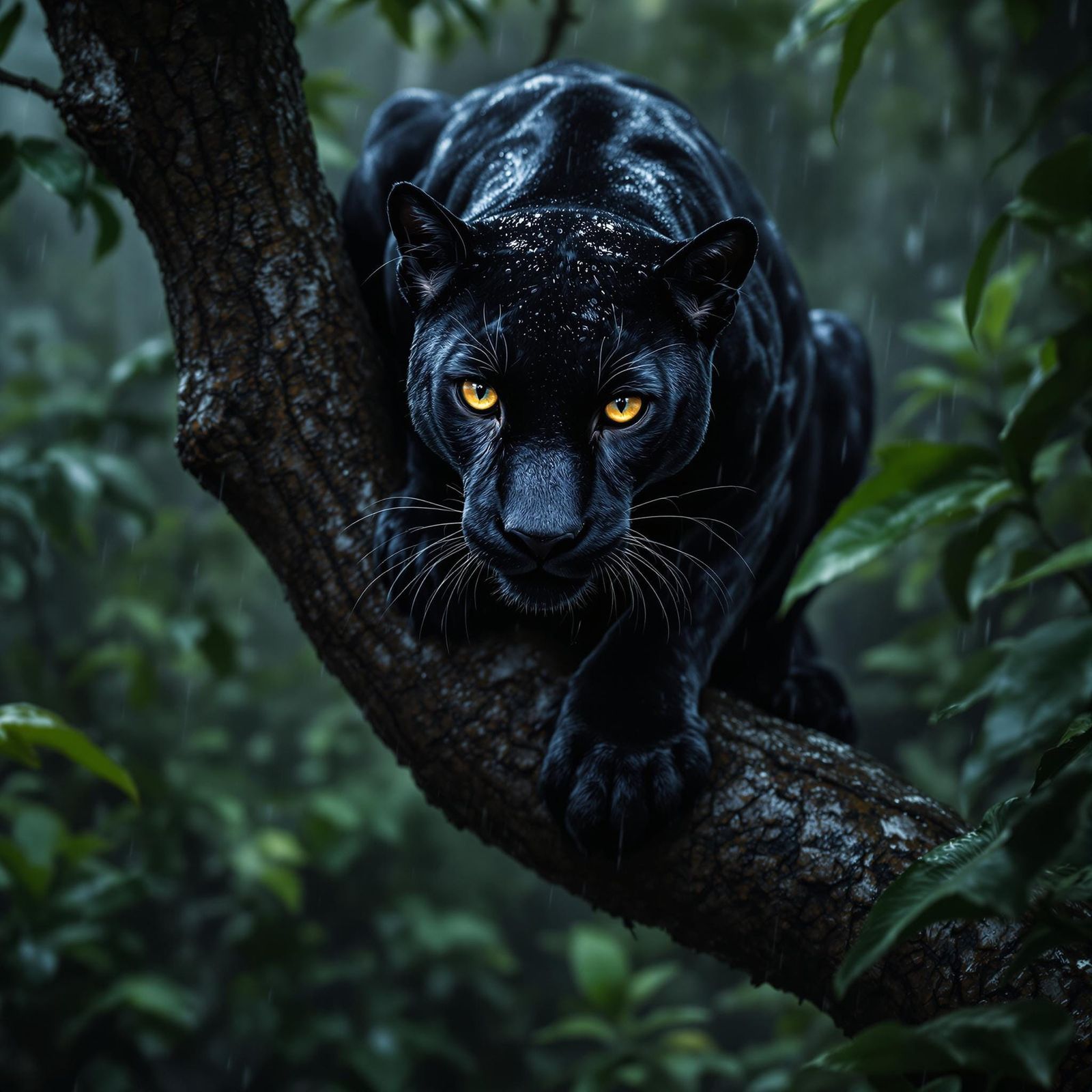Majestic Panther Amidst Rainy Jungle Canopy