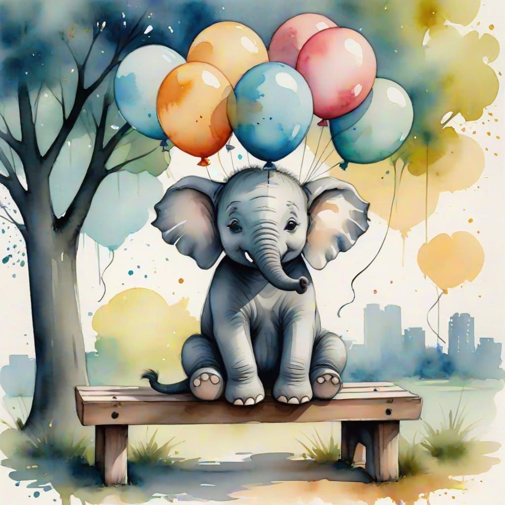 Whimsical Elephant with Balloons in Watercolor