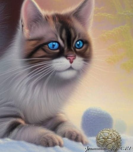 Cat with Glitter and Beads, Ethereal Oil Painting